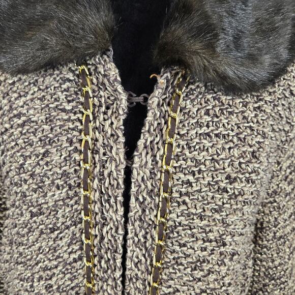 Dana Buchman Brown Chunky Knit Faux Fur Detach Collar Cardigan Gold XL NWT Lagen - Picture 3 of 10